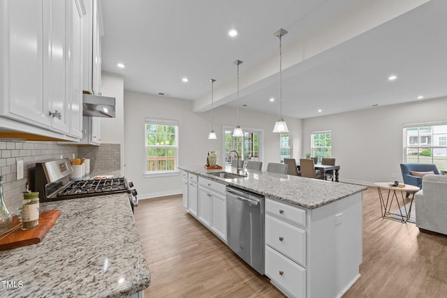 3700 Horton Hill Dr, New Hill, NC 27562 - kitchen featuring appliances with stainless steel finishes, a sink, under cabinet range hood, light wood-type flooring, and healthy amount of natural light