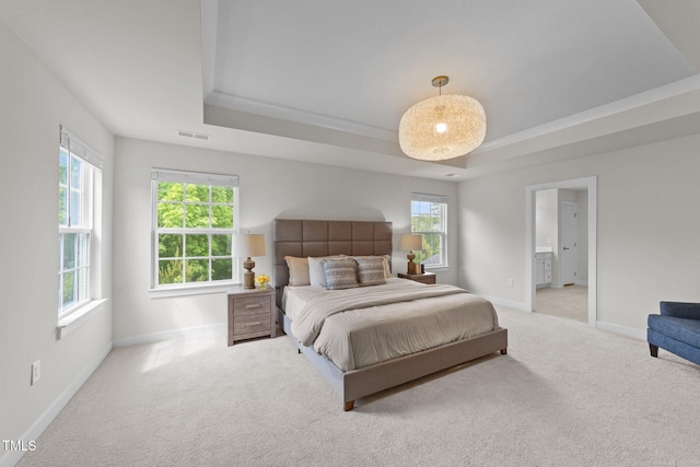 3700 Horton Hill Dr, New Hill, NC 27562 - carpeted bedroom featuring a tray ceiling, baseboards, and connected bathroom