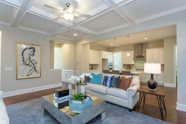 205 Riverine Dr, Pittsboro, NC 27312 - living area featuring ceiling fan, dark wood-style floors, beamed ceiling, recessed lighting, and coffered ceiling