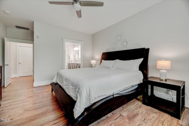 bedroom featuring light wood-style flooring, visible vents, a ceiling fan, and baseboards
