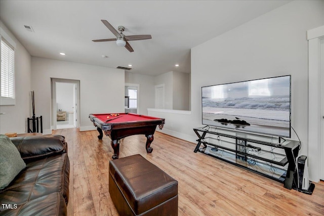 rec room with recessed lighting, billiards, wood finished floors, a ceiling fan, and baseboards
