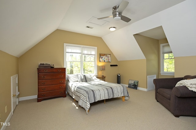 221 Ironwoods Dr, Chapel Hill, NC 27516 - carpeted bedroom with vaulted ceiling, visible vents, a ceiling fan, and baseboards