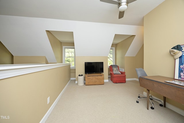 221 Ironwoods Dr, Chapel Hill, NC 27516 - carpeted home office with ceiling fan, lofted ceiling, and baseboards