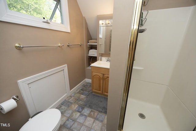 221 Ironwoods Dr, Chapel Hill, NC 27516 - full bathroom featuring toilet, a stall shower, vanity, baseboards, and stone finish floor
