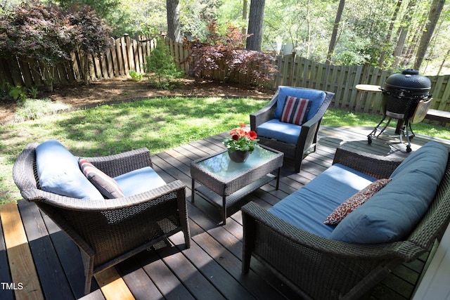 221 Ironwoods Dr, Chapel Hill, NC 27516 - wooden terrace with outdoor lounge area, a lawn, and a fenced backyard