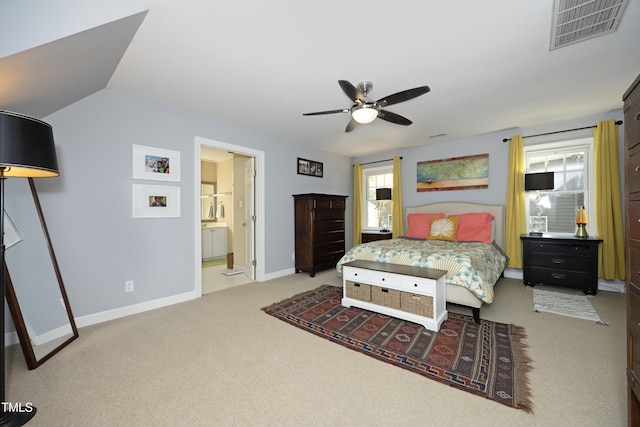221 Ironwoods Dr, Chapel Hill, NC 27516 - carpeted bedroom featuring ensuite bath, baseboards, a ceiling fan, and visible vents