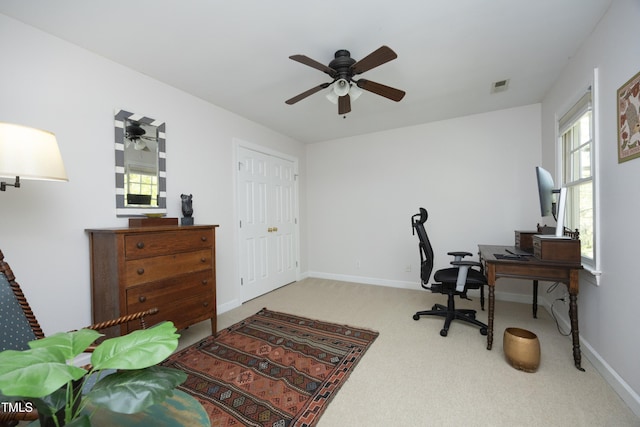 221 Ironwoods Dr, Chapel Hill, NC 27516 - carpeted home office featuring baseboards, visible vents, a ceiling fan, and a wealth of natural light