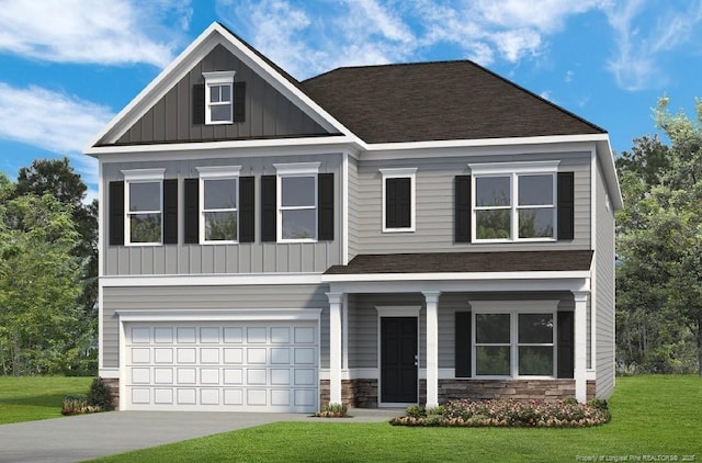 1616 Elk Run Dr, Fayetteville, NC 28312 - craftsman house with driveway, stone siding, board and batten siding, an attached garage, and a front yard