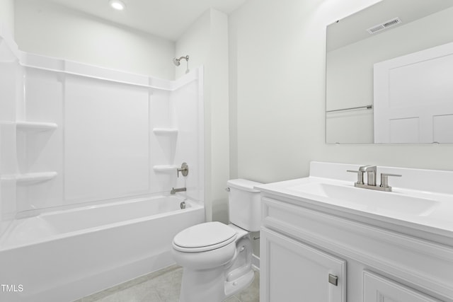 full bath featuring visible vents, toilet, shower / bathing tub combination, vanity, and tile patterned floors
