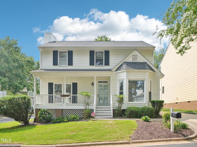 3303 Glen Currin Dr, Raleigh, NC 27612 - view of front of home featuring covered porch, a front yard, a chimney, and roof with shingles