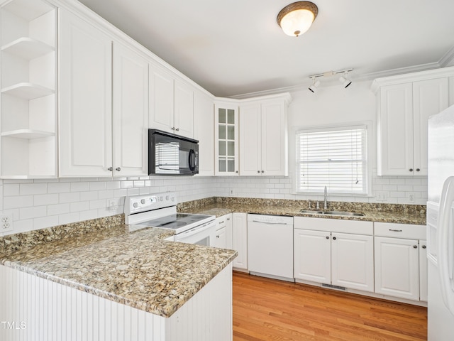 3303 Glen Currin Dr, Raleigh, NC 27612 - kitchen featuring white appliances, a sink, open shelves, and white cabinetry