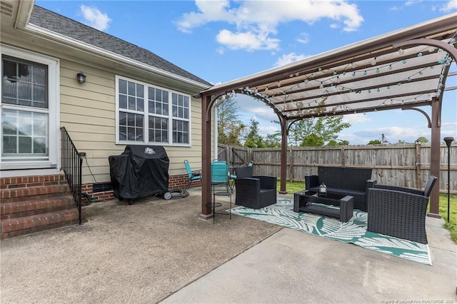 view of patio featuring a pergola, entry steps, area for grilling, an outdoor living space, and fence