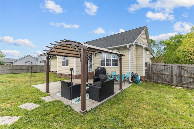rear view of house featuring an outdoor living space, a pergola, a fenced backyard, a lawn, and a patio