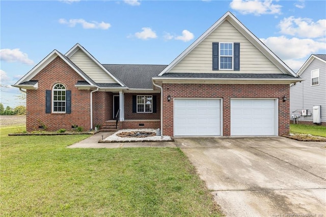 view of front of house with crawl space, a front lawn, brick siding, a shingled roof, and driveway