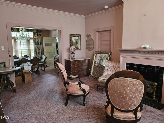 500 W Main St, Benson, NC 27504 - carpeted living area with ornamental molding, a chandelier, and a fireplace