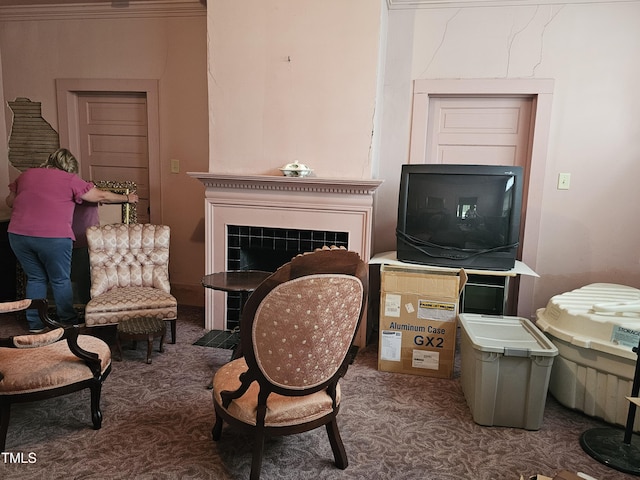 500 W Main St, Benson, NC 27504 - living room with carpet floors and a tile fireplace