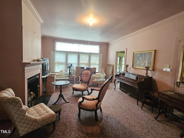 500 W Main St, Benson, NC 27504 - carpeted living area featuring ornamental molding and a fireplace