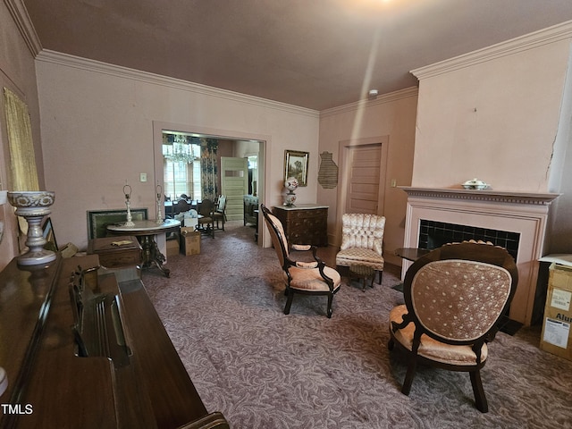 500 W Main St, Benson, NC 27504 - living area featuring carpet floors, ornamental molding, and a fireplace