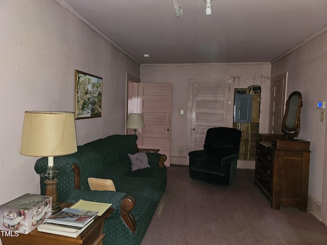 500 W Main St, Benson, NC 27504 - living room featuring electric panel, carpet flooring, and crown molding