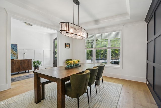143 Sallyport Ct, Raleigh, NC 27603 - dining room featuring light wood-style flooring, an inviting chandelier, a tray ceiling, and plenty of natural light