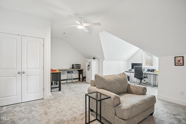143 Sallyport Ct, Raleigh, NC 27603 - office area with ceiling fan, baseboards, vaulted ceiling, and carpet floors