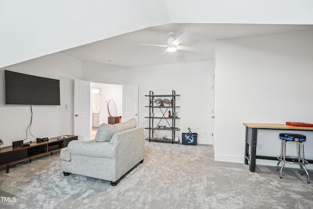 143 Sallyport Ct, Raleigh, NC 27603 - living area featuring ceiling fan, carpet flooring, baseboards, and lofted ceiling