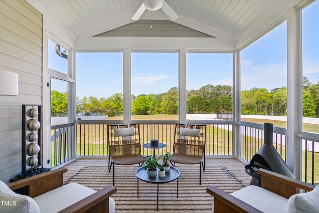 143 Sallyport Ct, Raleigh, NC 27603 - sunroom with ceiling fan, vaulted ceiling with beams, and wood finished floors