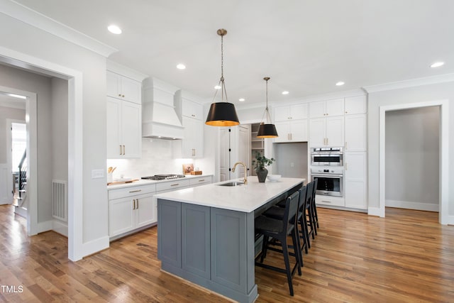 kitchen featuring stainless steel appliances, a sink, baseboards, backsplash, and premium range hood