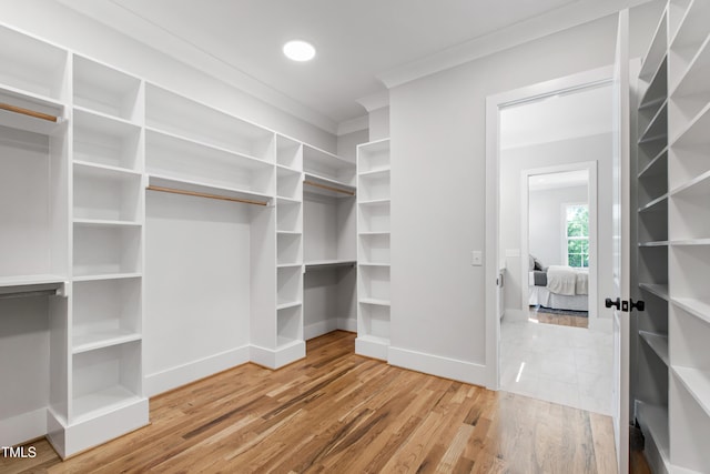 walk in closet with wood finished floors