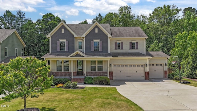 craftsman-style home featuring brick siding, a porch, driveway, and a front lawn