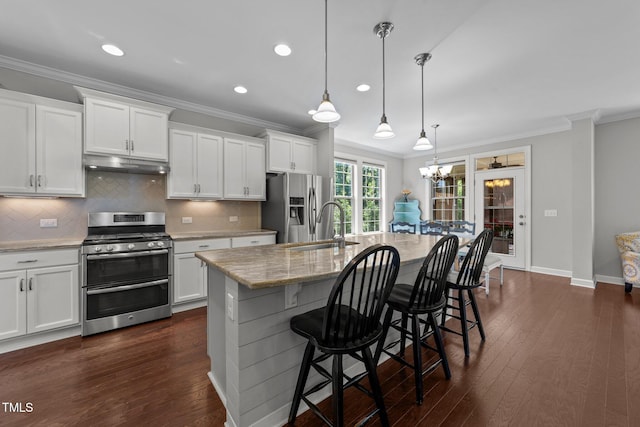 kitchen featuring appliances with stainless steel finishes, under cabinet range hood, ornamental molding, a sink, and decorative backsplash