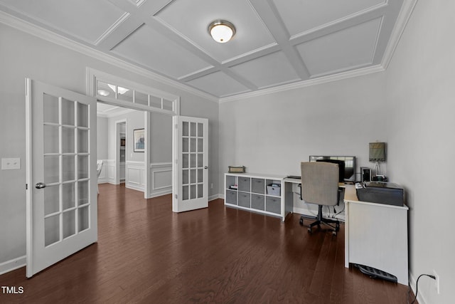 office space featuring french doors, coffered ceiling, dark wood-type flooring, crown molding, and a wainscoted wall