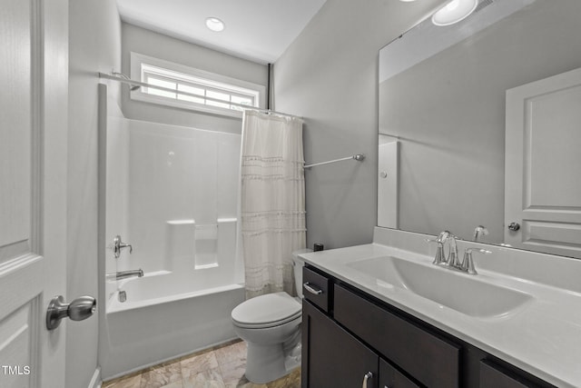 bathroom with toilet, shower / bathtub combination with curtain, and vanity