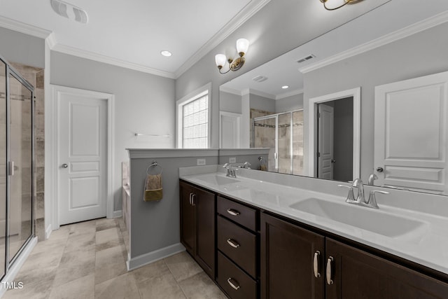full bath featuring a shower stall, double vanity, ornamental molding, baseboards, and recessed lighting