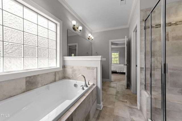 ensuite bathroom featuring a shower stall, ornamental molding, a bath, and baseboards