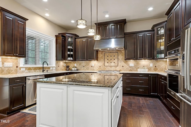 kitchen featuring stainless steel appliances, under cabinet range hood, dark wood-style floors, white cabinets, and dark brown cabinets