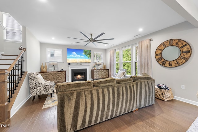 living room with a warm lit fireplace, hardwood / wood-style floors, a ceiling fan, baseboards, and stairway