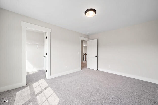 unfurnished bedroom featuring a spacious closet, baseboards, and carpet