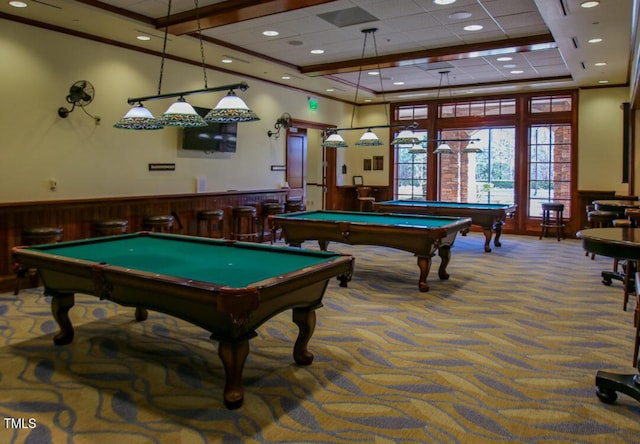 519 Garendon Dr, Cary, NC 27519 - rec room featuring carpet flooring, wainscoting, billiards, and ornamental molding