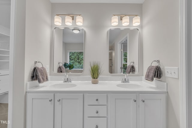 full bathroom featuring double vanity and healthy amount of natural light