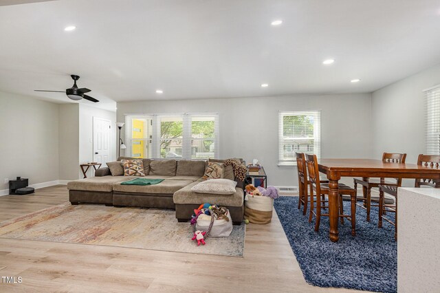 2522 N Roxboro St, Durham, NC 27704 - living area with plenty of natural light, wood finished floors, baseboards, recessed lighting, and a ceiling fan