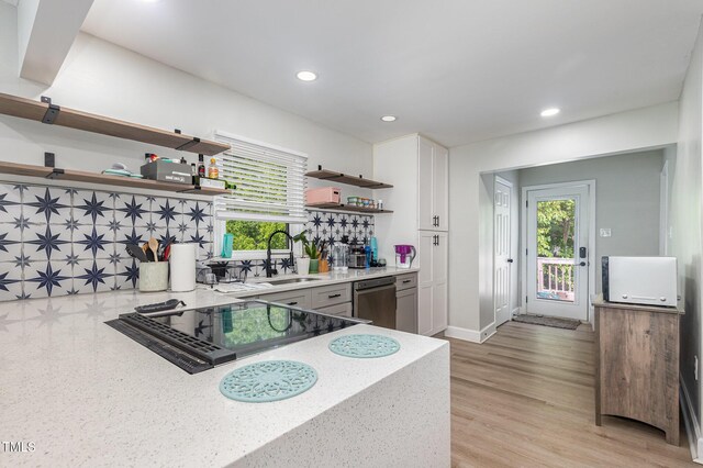 2522 N Roxboro St, Durham, NC 27704 - kitchen featuring open shelves, a sink, dishwasher, recessed lighting, and decorative backsplash