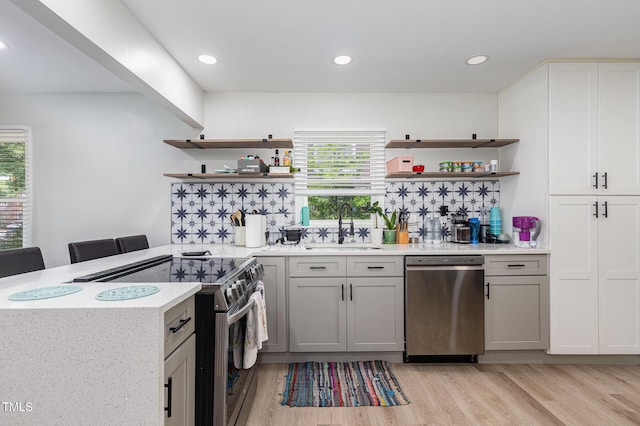 2522 N Roxboro St, Durham, NC 27704 - kitchen featuring appliances with stainless steel finishes, open shelves, a sink, plenty of natural light, and recessed lighting