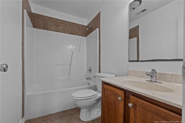 705 Fairfield Cir, Raeford, NC 28376 - full bathroom featuring toilet, vanity, a textured ceiling, tile patterned flooring, and shower / tub combination