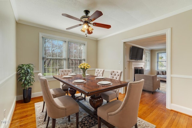 dining area featuring ceiling fan, a fireplace, light wood-style flooring, ornamental molding, and baseboards
