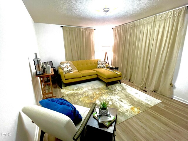 living room with a textured ceiling and wood finished floors