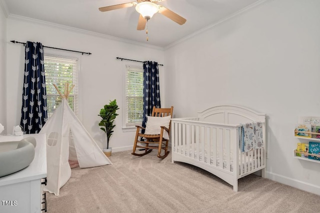 100 Bradborne Cir, Clayton, NC 27520 - bedroom featuring crown molding, a ceiling fan, baseboards, and light carpet
