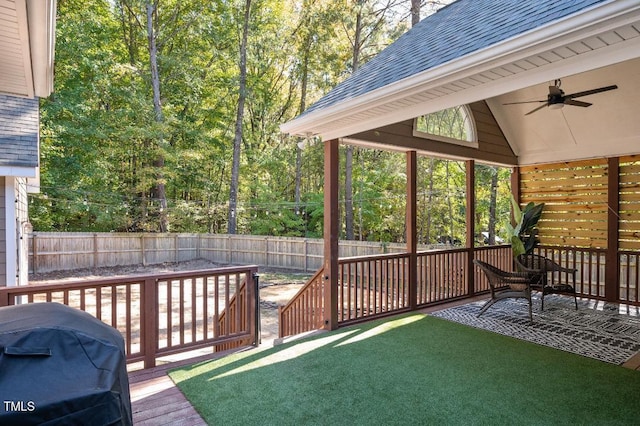 100 Bradborne Cir, Clayton, NC 27520 - deck with ceiling fan, a fenced backyard, and a grill