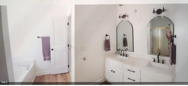 100 Bradborne Cir, Clayton, NC 27520 - full bathroom featuring double vanity, a sink, wood finished floors, and a tub to relax in