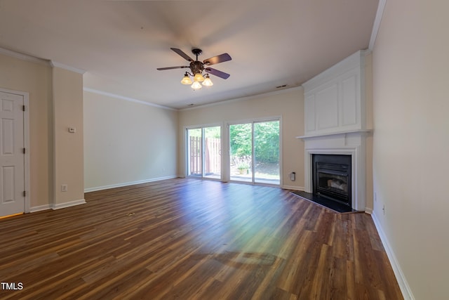 5209 Echo Ridge Rd, Raleigh, NC 27612 - unfurnished living room featuring dark wood-style floors, crown molding, a ceiling fan, a fireplace, and baseboards